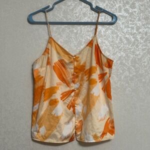 Nine West Button Front Cami Sleeveless Blouse White Orange Brushstroke Print‎ M